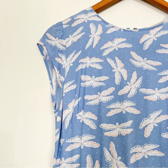 LOFT Butterfly Flutter Sleeve Midi Dress Sz 4 Blue/White Fluid Front‎ Slit - Picture 3 of 8